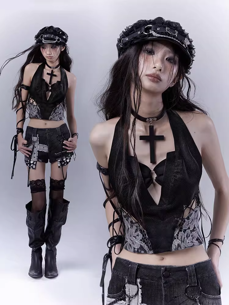 Black Halter Neck Lace Patches Glamorous Sleeveless Top with Lace-up Details Side