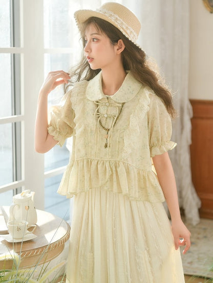 Peter Pan Collar Apricot Lace Trim High-low Blouse