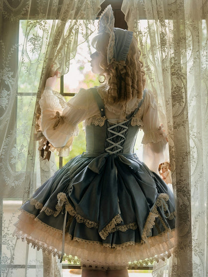 Bows Decoration Candle Embroidery Blue Velvet Dress Lolita JSK / Set