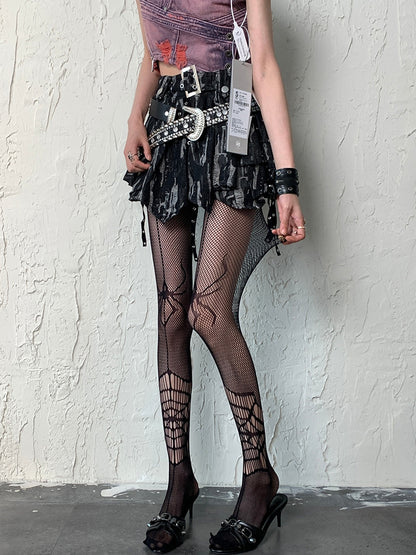 Black Y2K Spider And Spiderweb Pattern Tights