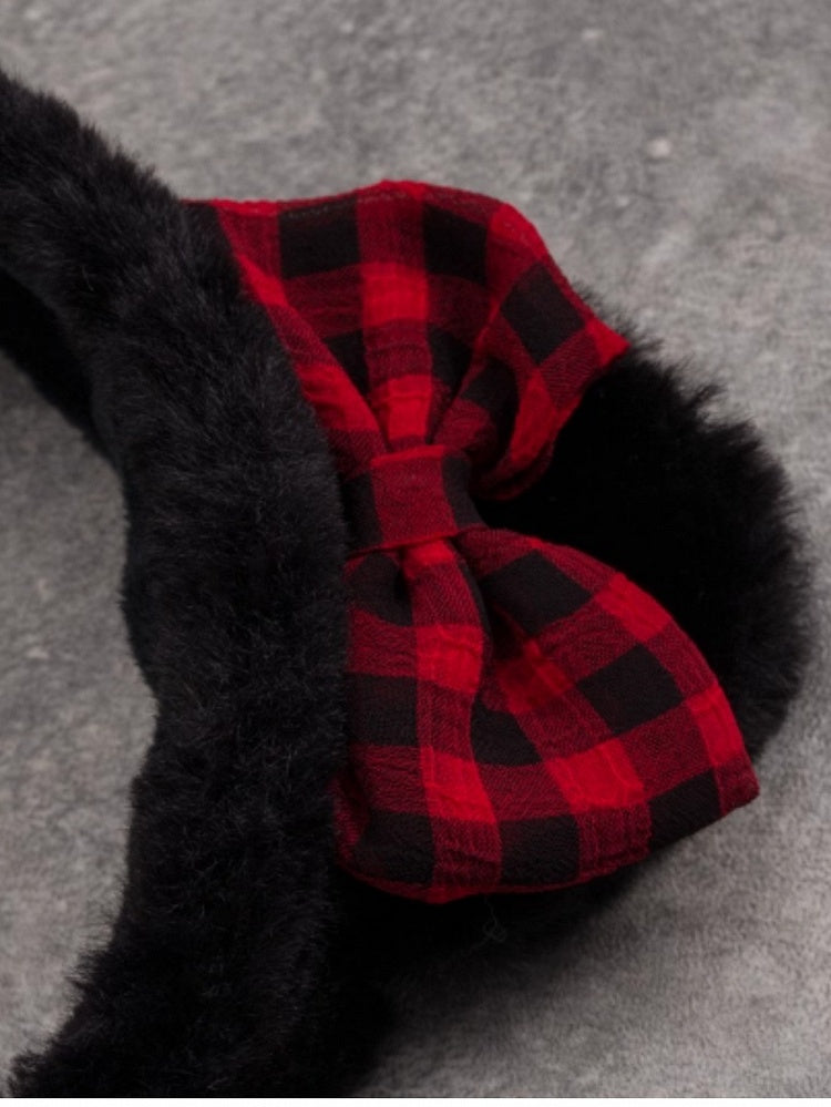 Black Cat Ear With Red Plaid Pattern Bowknot And Heart Charm Details KC