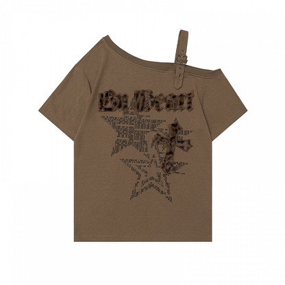 Gyaru Fashion Leopard Cross Applique Brown Asymmetrical Neckline T-shirt