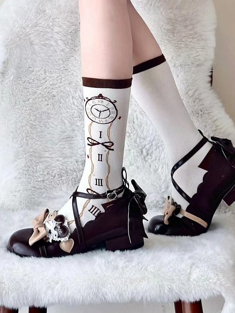 Brown Clock Print Alice In Wonderland Vibes Lolita Calf Socks