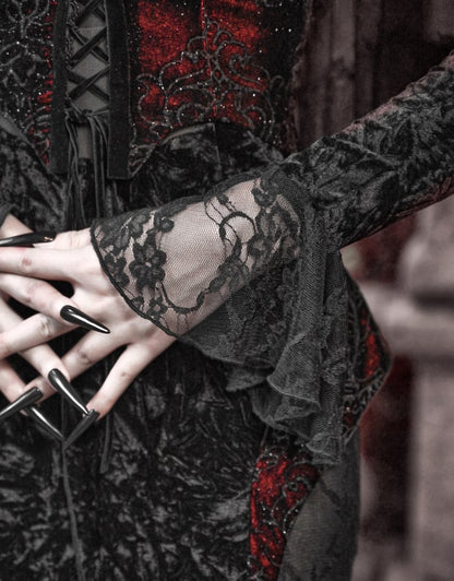 Bat Wings Shaped Neckline Romantic Goth Vampire Dress Velvet and Lace Mermaid Dress