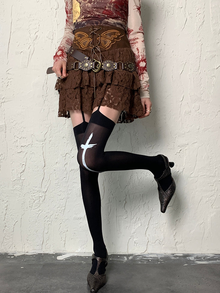 Black Y2K Cross Print Suspender Stockings