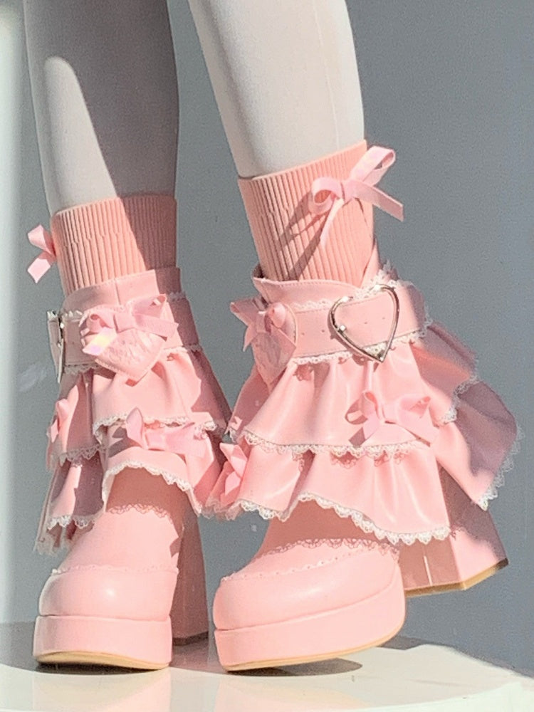Sweet Deep Pink High-heel Boots for Lolita with Removable Tiered Ruffles Trim, Romantic Heart Clasp & Bowknot Details