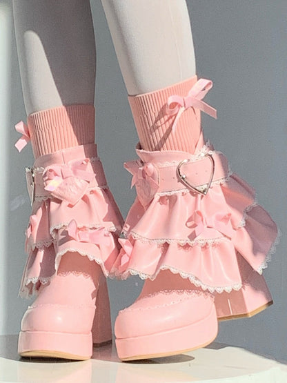 Sweet Deep Pink High-heel Boots for Lolita with Removable Tiered Ruffles Trim, Romantic Heart Clasp & Bowknot Details