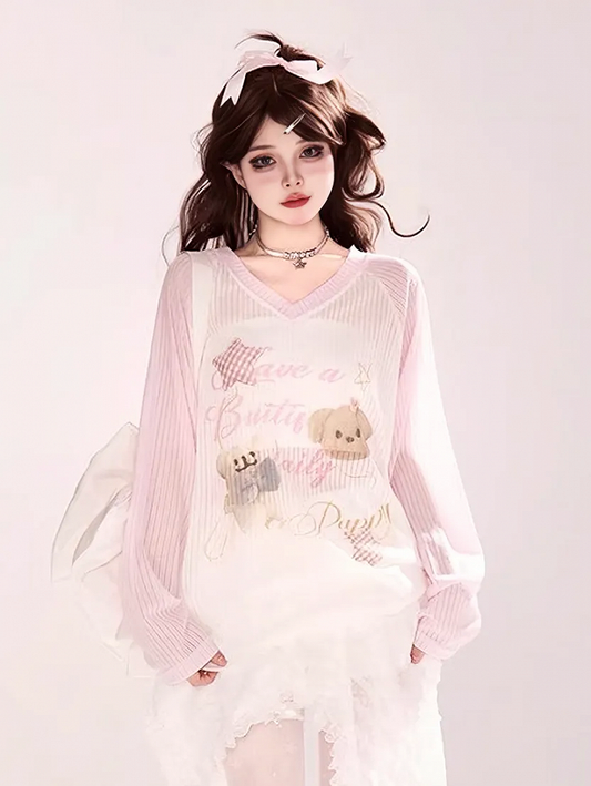 Adorable Bear Print Pink Colorblock Design V-neck Semi-sheer Coverup