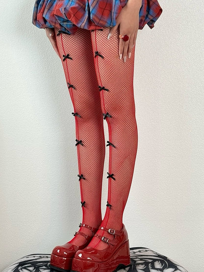 Blue/Black/Red/White Gyaru Fashion Bowknot Details Tights