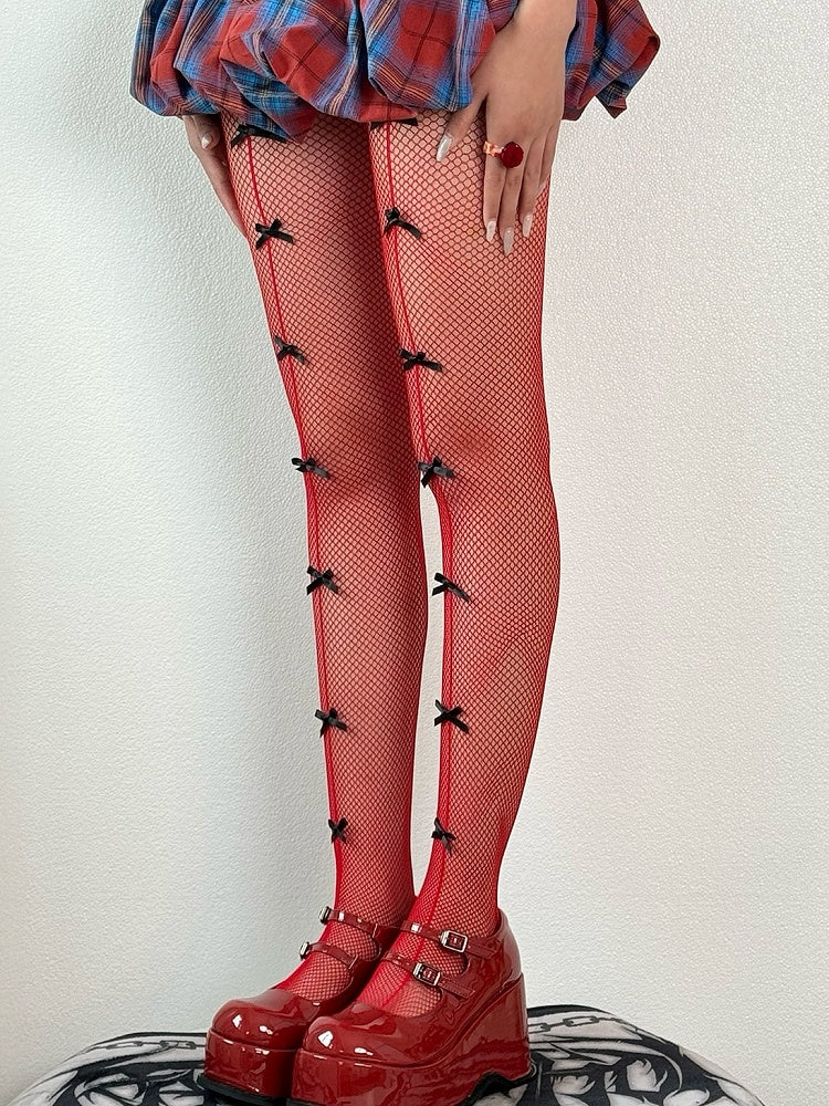 Blue/Black/Red/White Gyaru Fashion Bowknot Details Tights