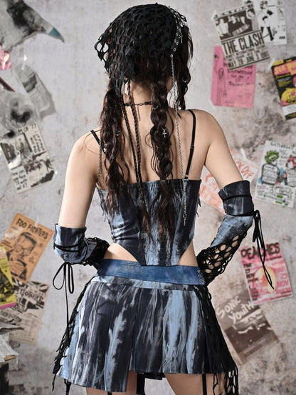 Grunge Punk Rock Fairy Style Blue Lace Cowl Neckline Boned Corset Tie Dye Cami Top