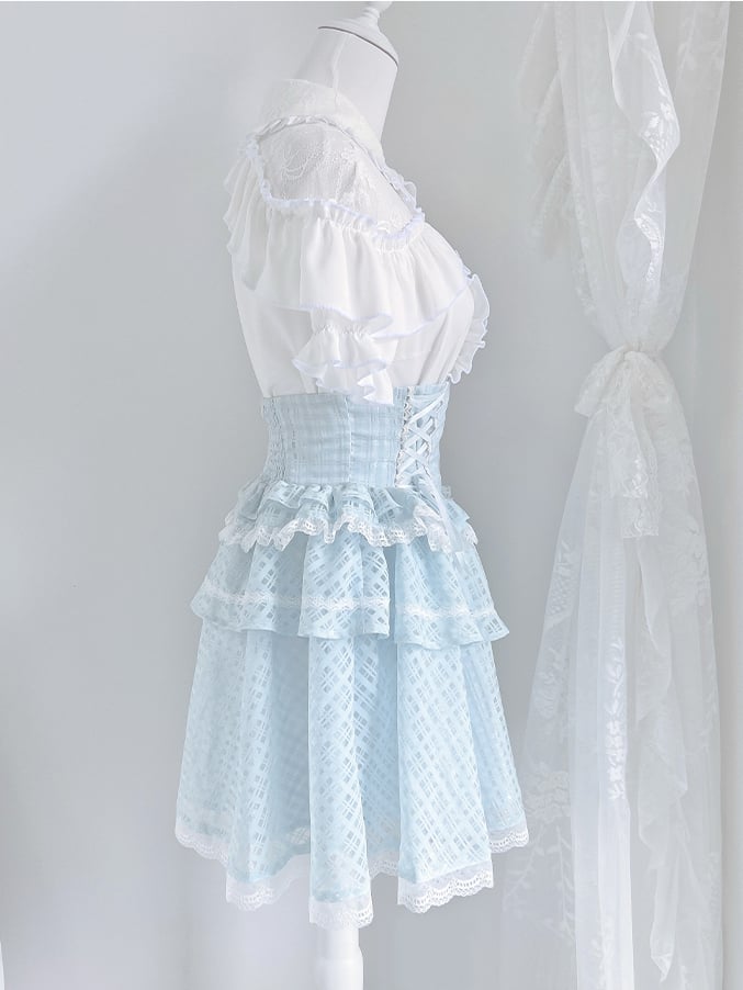 White Open Shoulder Blouse+ Light Blue Lace-up Waist Tiered Skirt+ Bowknots Jirai Kei Set