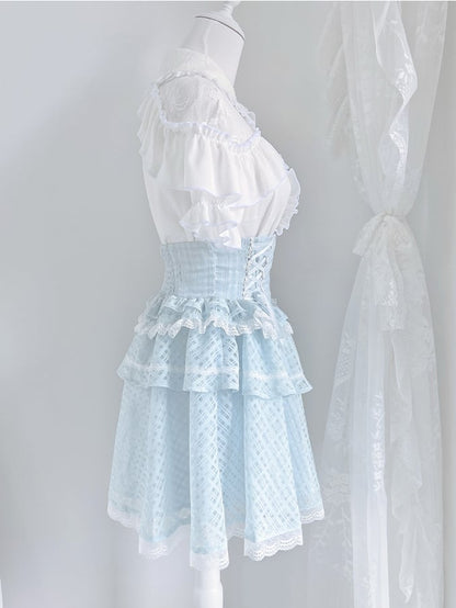 White Open Shoulder Blouse+ Light Blue Lace-up Waist Tiered Skirt+ Bowknots Jirai Kei Set