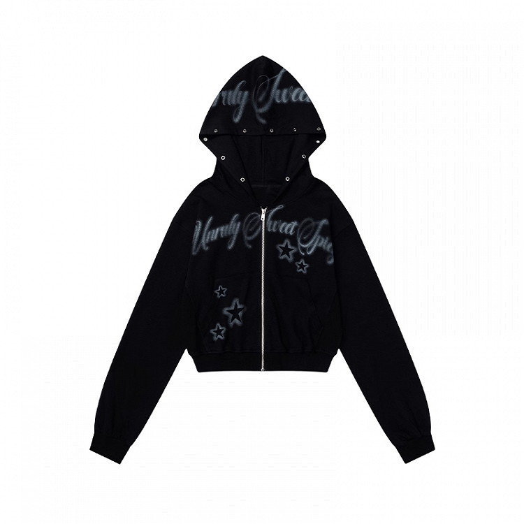 Black Letter and Star Print Zip-up Hoodie for Autumn