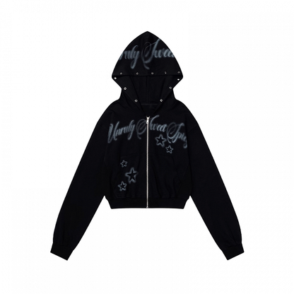 Black Letter and Star Print Zip-up Hoodie for Autumn