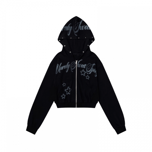 Black Letter and Star Print Zip-up Hoodie for Autumn