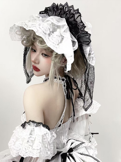 White & Black Lace Lolita Head Veil with Ruffles