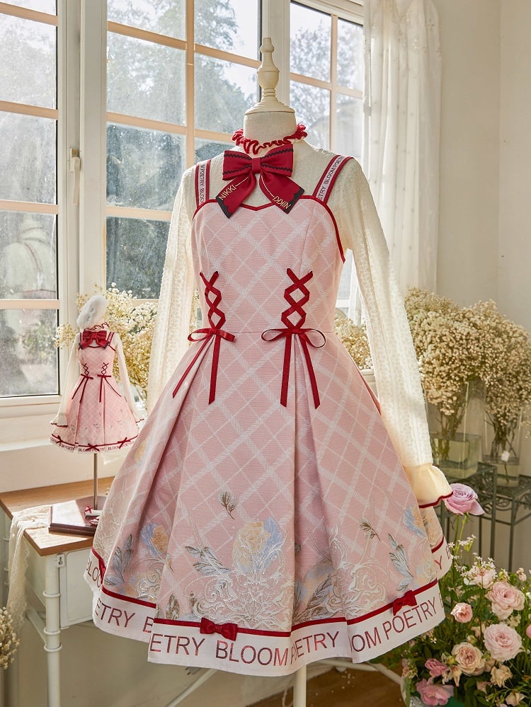 Pink and Red Trimming Lace-up Front Lolita Jumper Skirt