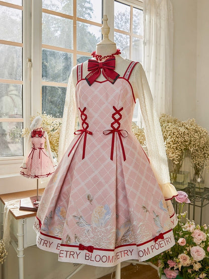 Pink and Red Trimming Lace-up Front Lolita Jumper Skirt