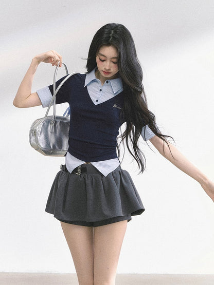 Preppy Style Polo Collar Navy Blue Striped T-shirt Faux Two-pieces