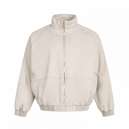 Blue/Apricot Banded Collar Faded Wash Distressed Design Autumn Zip-up Jacket