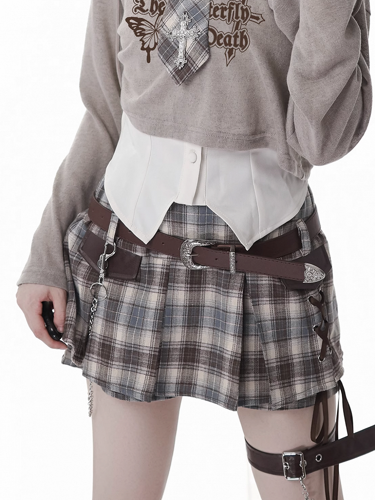 Y2K Lace-up Detail Black & White/ Khaki Plaid Skort with Buckle Belt and Chain