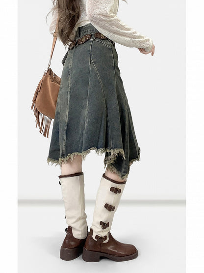 Blue Asymmetrical Hem Raw Hem Skirt