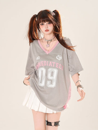 Gray/Dark Blue Number Print Hollow-out T-shirt V-neck Loose Top