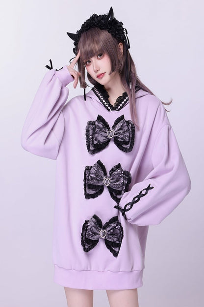 Purple Jirai Kei Lace Bows Decorated Landmine Style Hoodie