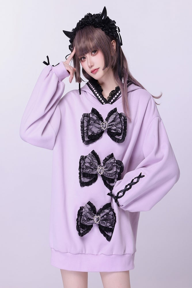 Purple Jirai Kei Lace Bows Decorated Landmine Style Hoodie