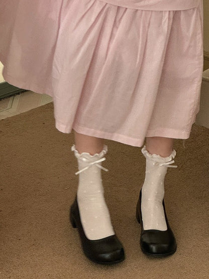 White/Black/Pink/Blue/Yellow Bowknot Details Polka-dot Pattern Ruffled Cuffs Calf Socks