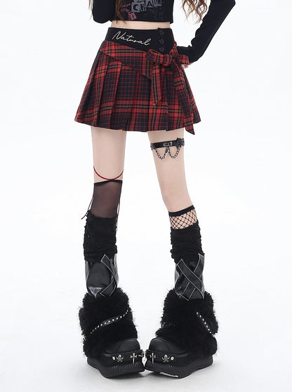 Red Plaid High Waist Bowknot Glamorous Mini Pleated Skirt