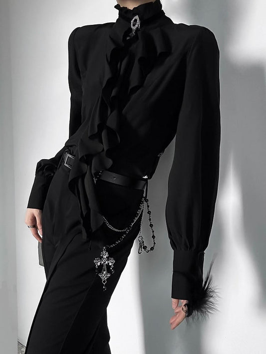 Ouji Lolita Vintage Black Bishop Sleeve Shirt with Cascading Ruffles & Detachable Obsidian Necklace