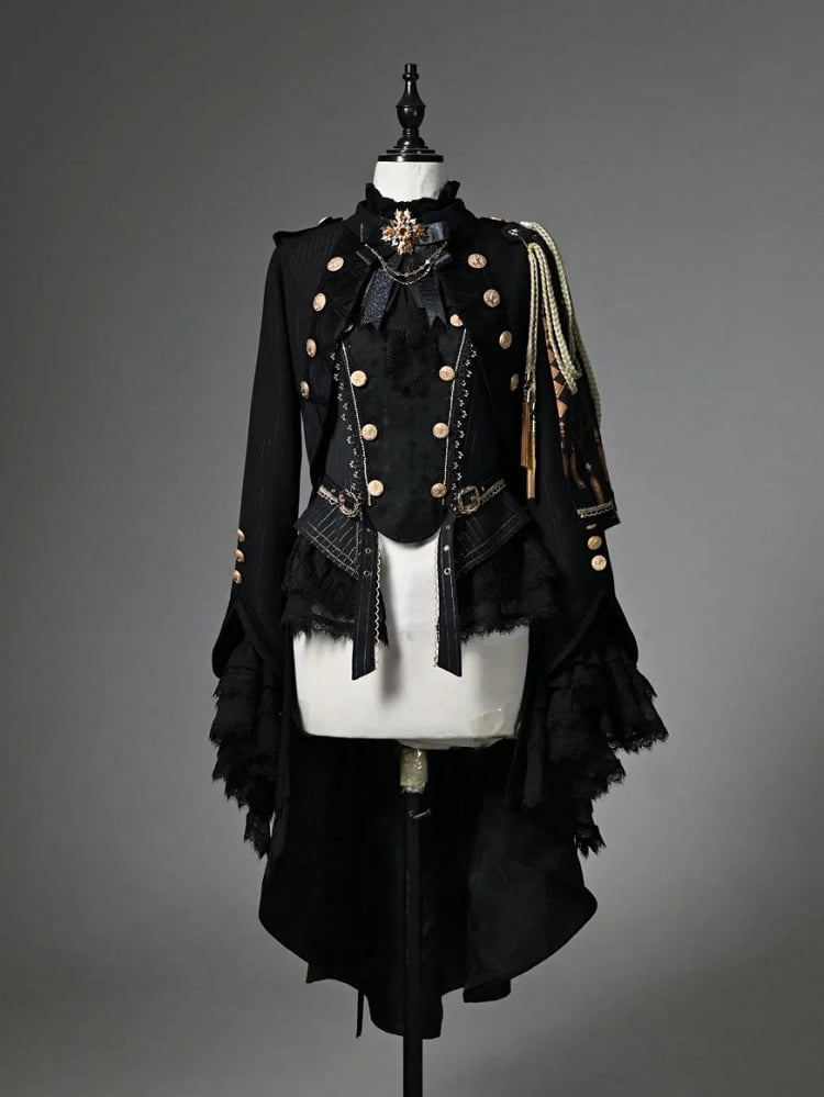 Ouji Fashion Lolita Knight Outfit - Black Long Sleeves Top + Black One-shoulder Cape Tailcoat