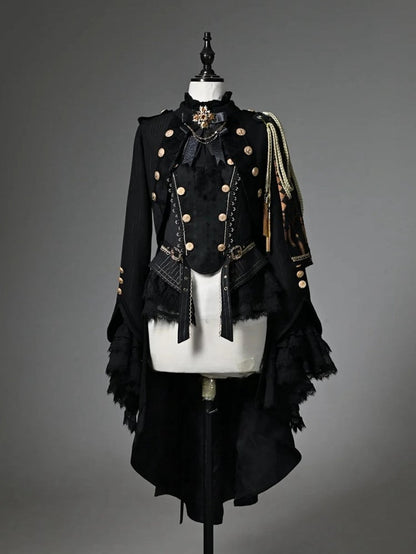 Ouji Fashion Lolita Knight Outfit - Black Long Sleeves Top + Black One-shoulder Cape Tailcoat