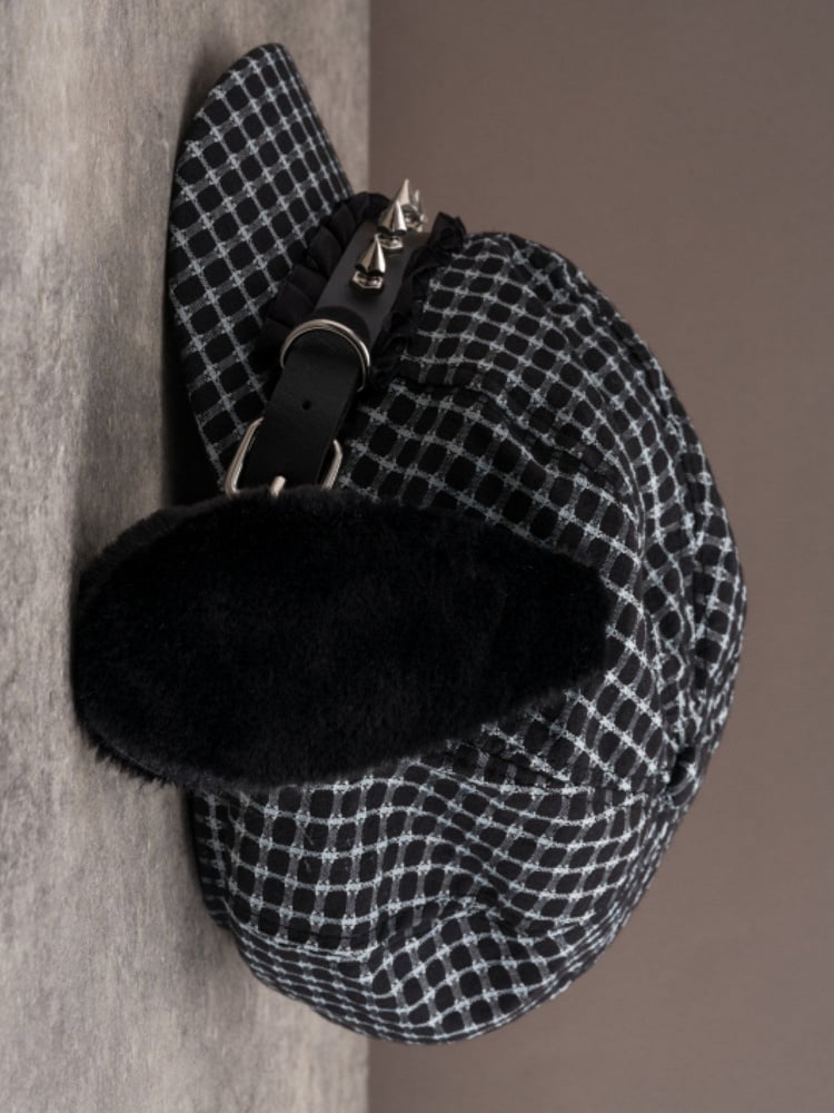 Black Gothic Studs Decorated Buckle Design Plush Puppy Ear Beret Hat