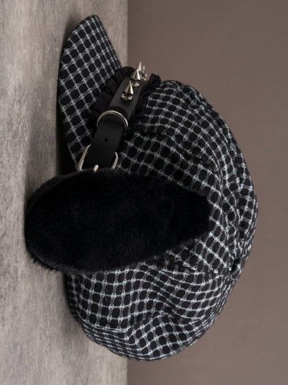Black Gothic Studs Decorated Buckle Design Plush Puppy Ear Beret Hat