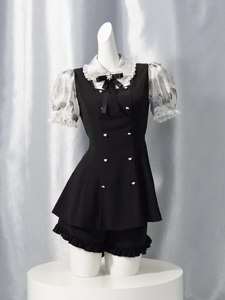 Jirai Kei Three Pieces Set Short Puff Sleeves Top Black Shorts and Grey Floral Print Cape