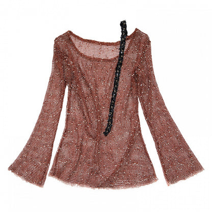 Shoulder Strap Design Punk Hollow Out Long Sleeves Top Beige/Brown/Orange