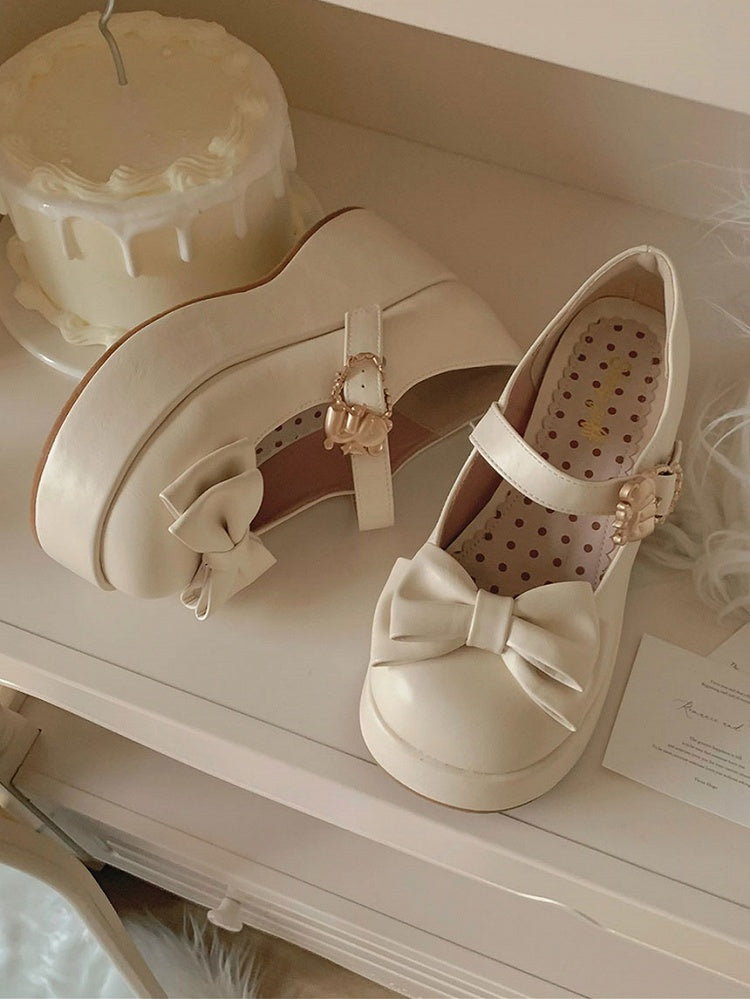 Hugging Bear Heart Buckle Beige Bow at Top Platform Mary Janes with Velcro Strap