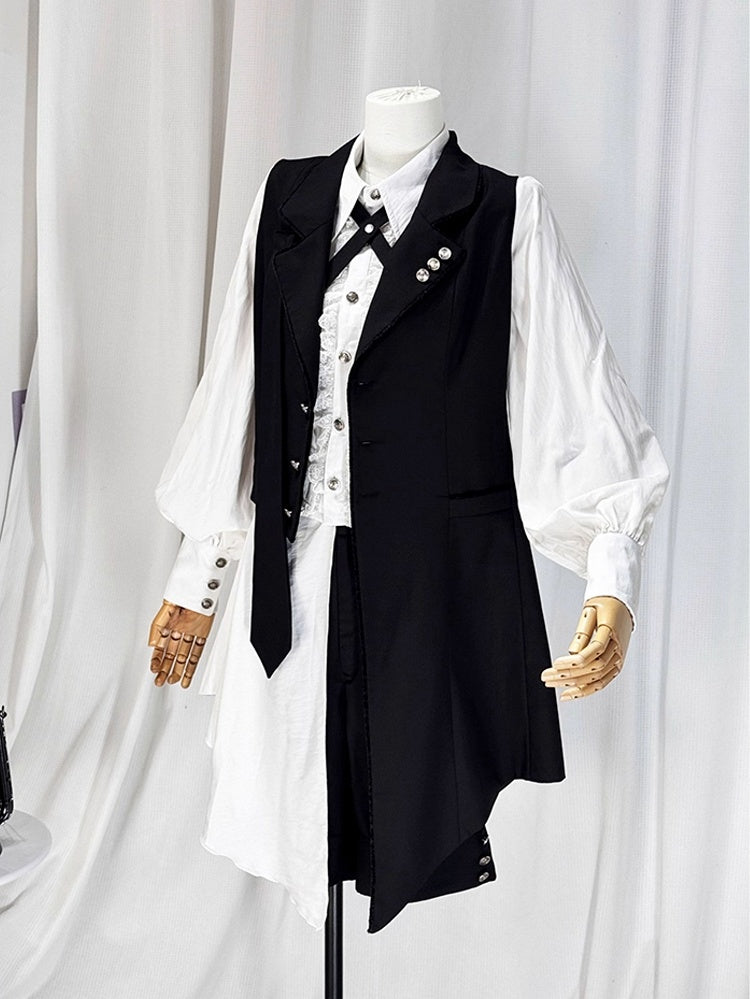 Ouji Lolita White and Black Eight-Piece Set - Asymmetrical Design Waistcoat + Shirt + Shorts + Matching Accessories