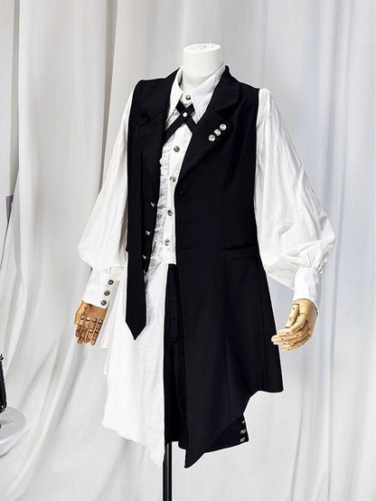 Ouji Lolita White and Black Eight-Piece Set - Asymmetrical Design Waistcoat + Shirt + Shorts + Matching Accessories