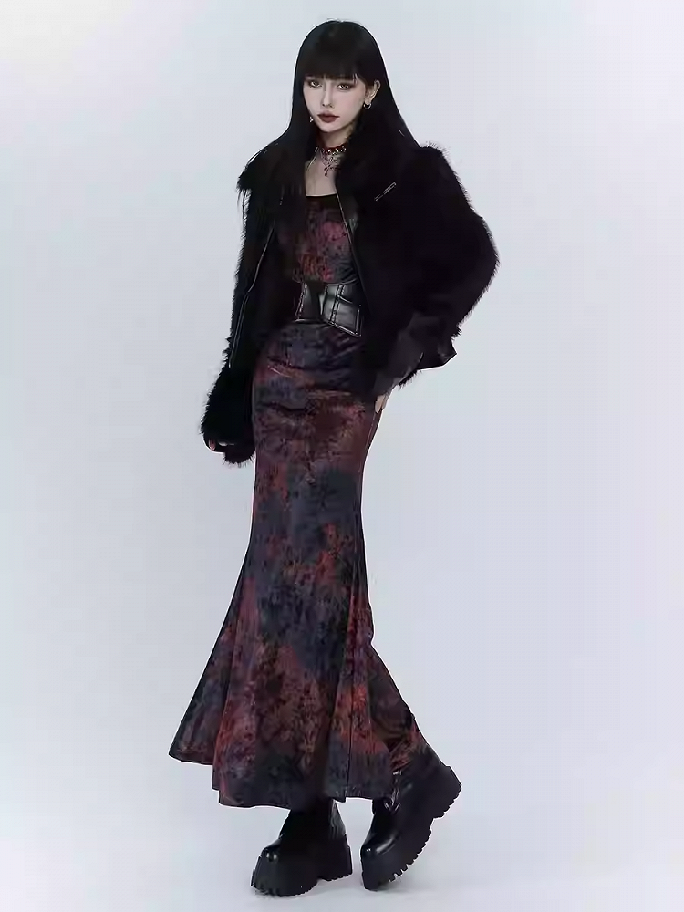 Black & Red Tie Dye Mermaid Skirt Velvet Dress