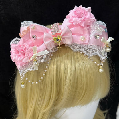 Pink Floral Design Beaded Charm Rhinestone Bear Decorated Lace Trim Bowknot Hairclip