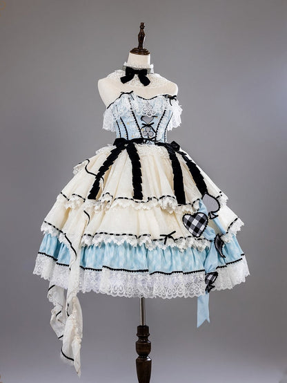 Alice in Wonderland Vibes Hime Lolita Alice Blue Boned Corset Top + Tiered Skirt