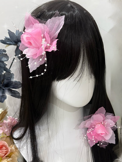 Pink Beaded Decorated Floral Hairclips