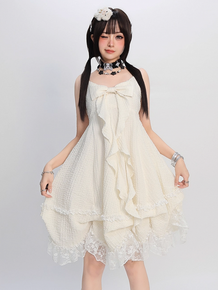 Apricot Big Bow Neckline Lace Trim Cami Dress Bubble Skirt