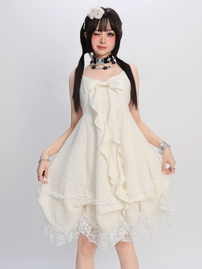 Apricot Big Bow Neckline Lace Trim Cami Dress Bubble Skirt