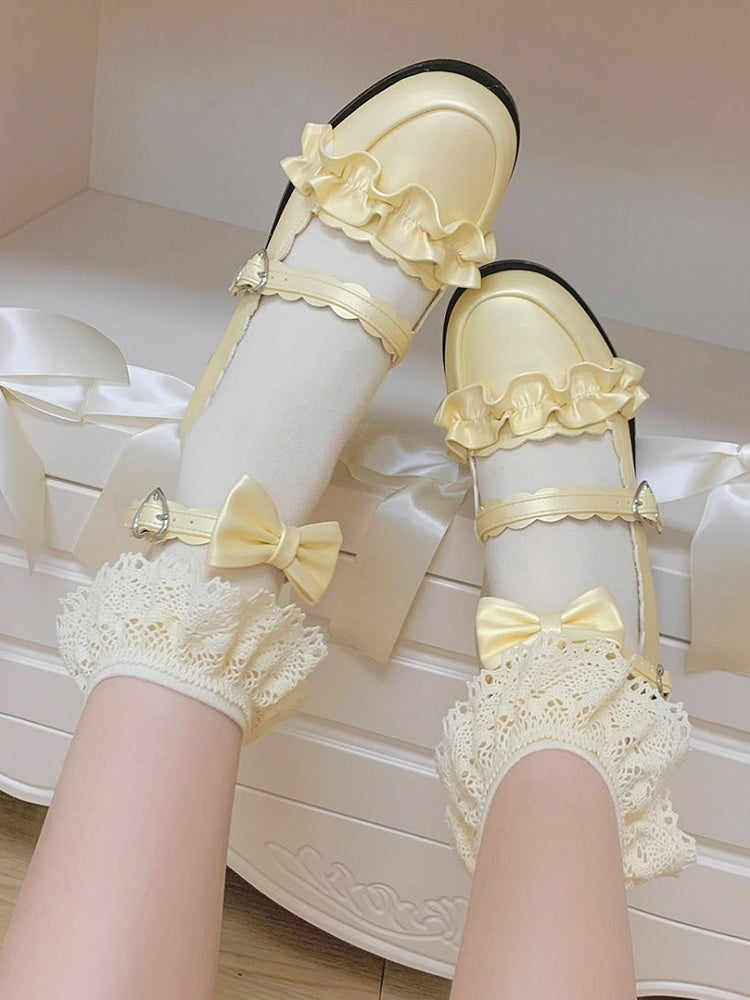Yellow Ruffles Trim Bowknot Decorated Heart Buckles Lolita Shoes