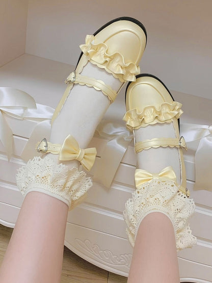 Yellow Ruffles Trim Bowknot Decorated Heart Buckles Lolita Shoes
